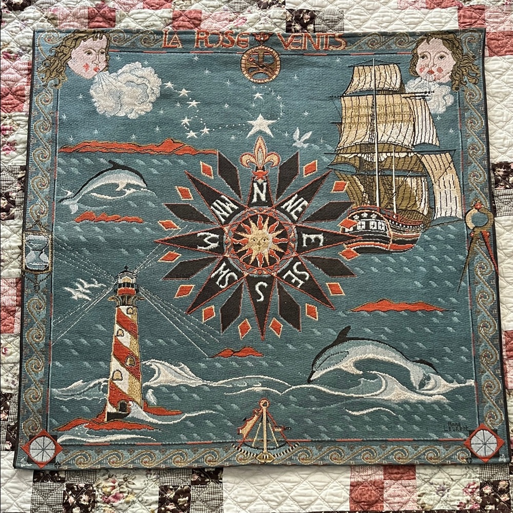 Vintage Anne Leurent La Rose Vents (Compass Rose) Tapestry Made in France w/ Rod